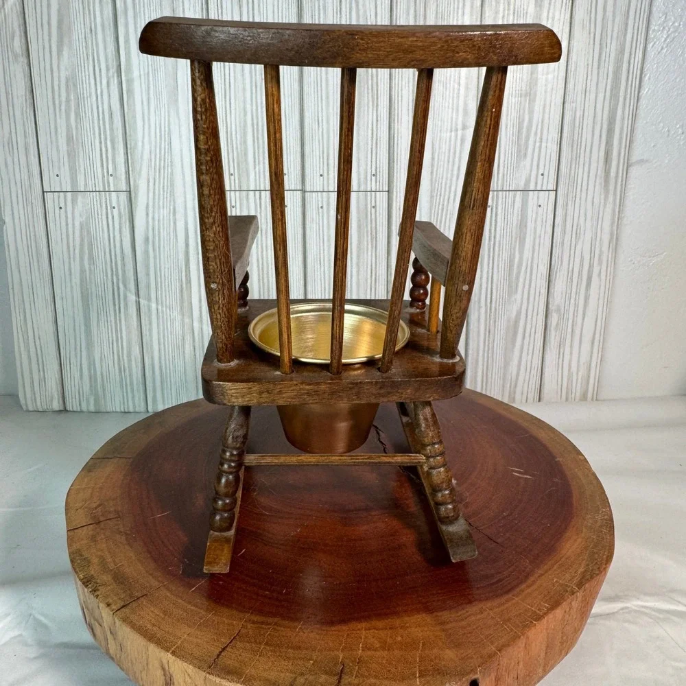 Vintage Miniature Wooden Rocking Potty Chair with Brass Insert Decor Planter